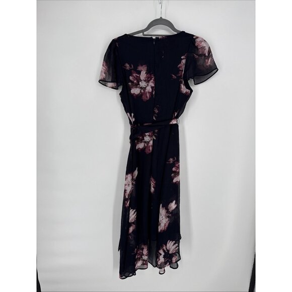 New DKNY Womens Size 8 Navy Floral Flutter-Sleeve Faux-Wrap Midi Dress $129 - Picture 9 of 12